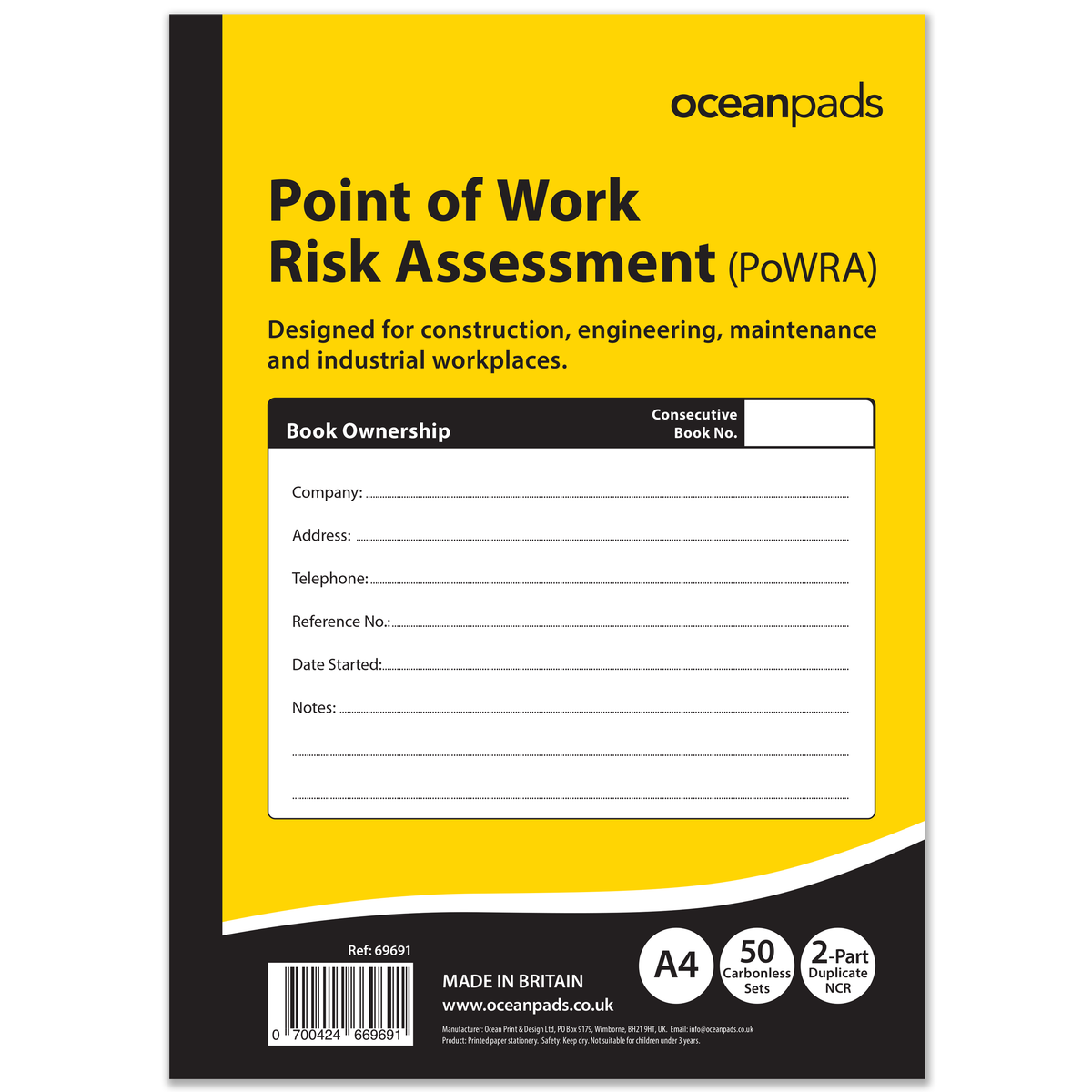 Point of Work Risk Assessment (PoWRA) Book A4 | 2-Part NCR | 50 Duplicate Sets