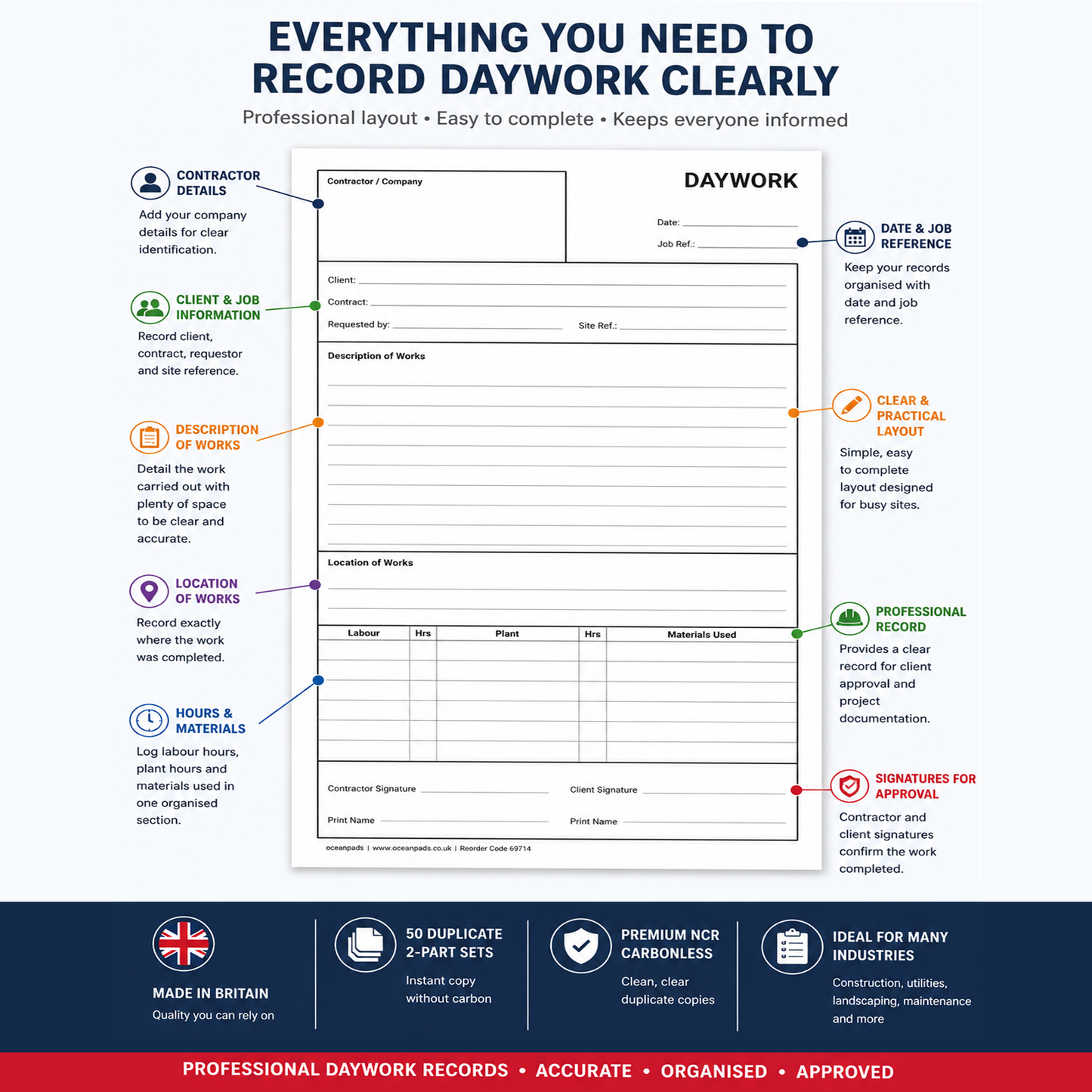 Daywork Record Book A4 | 2-Part Duplicate NCR | 50 Carbonless Sets | Ocean Pads (69714)
