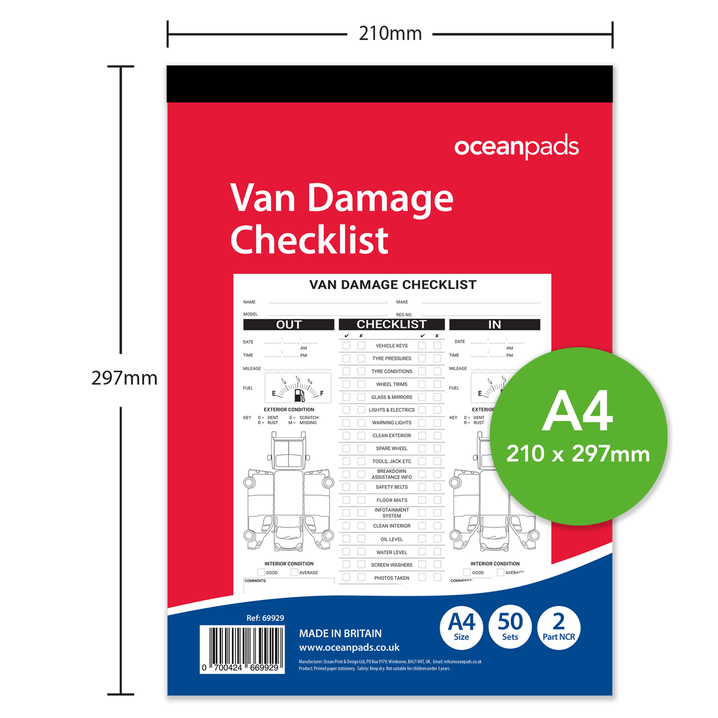 Van Damage Inspection Checklist Book A4 – Duplicate 2-Part NCR Vehicle Condition Report, 50 Sets for Garages, Dealerships, Vehicle Transport, Rental & Leasing Companies – Ocean Pads (69929)