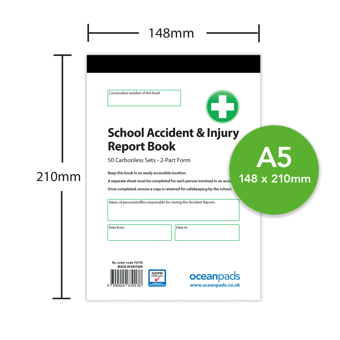 School Pupil Accident/Incident Record Book - A5, 2-Part NCR Duplicate | Accident Report Log for Schools & Childcare