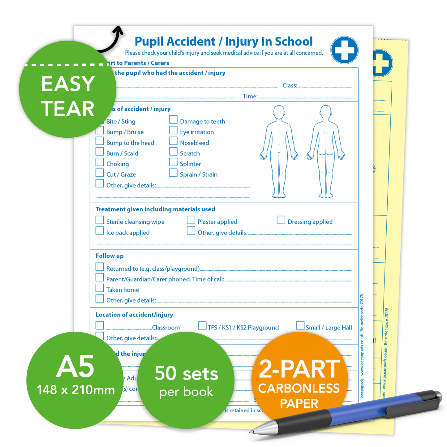 School Pupil Accident/Incident Record Book - A5, 2-Part NCR Duplicate | Accident Report Log for Schools & Childcare