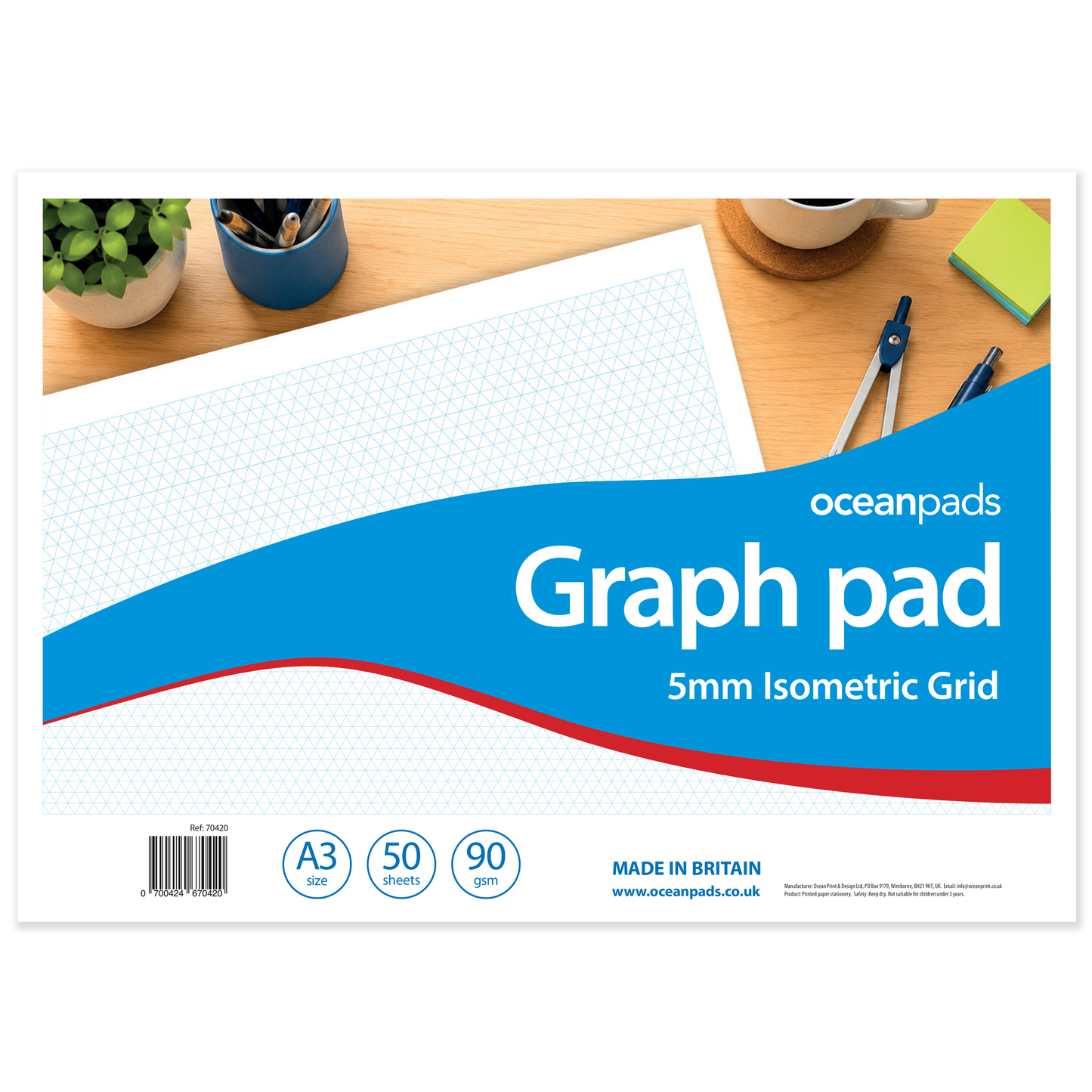 A3 Graph Pad 5mm Isometric Grid – 50 Sheets 90gsm Graph Paper for Technical Drawing, Engineering, Design & Drafting – Ocean Pads (70420)