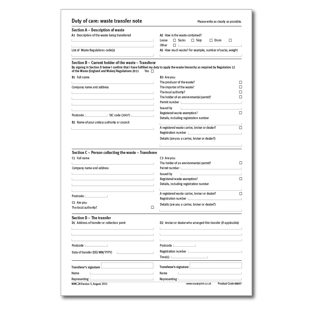 Environment Agency Duty of Care Waste Transfer Note, A4, Triplicate (69837)