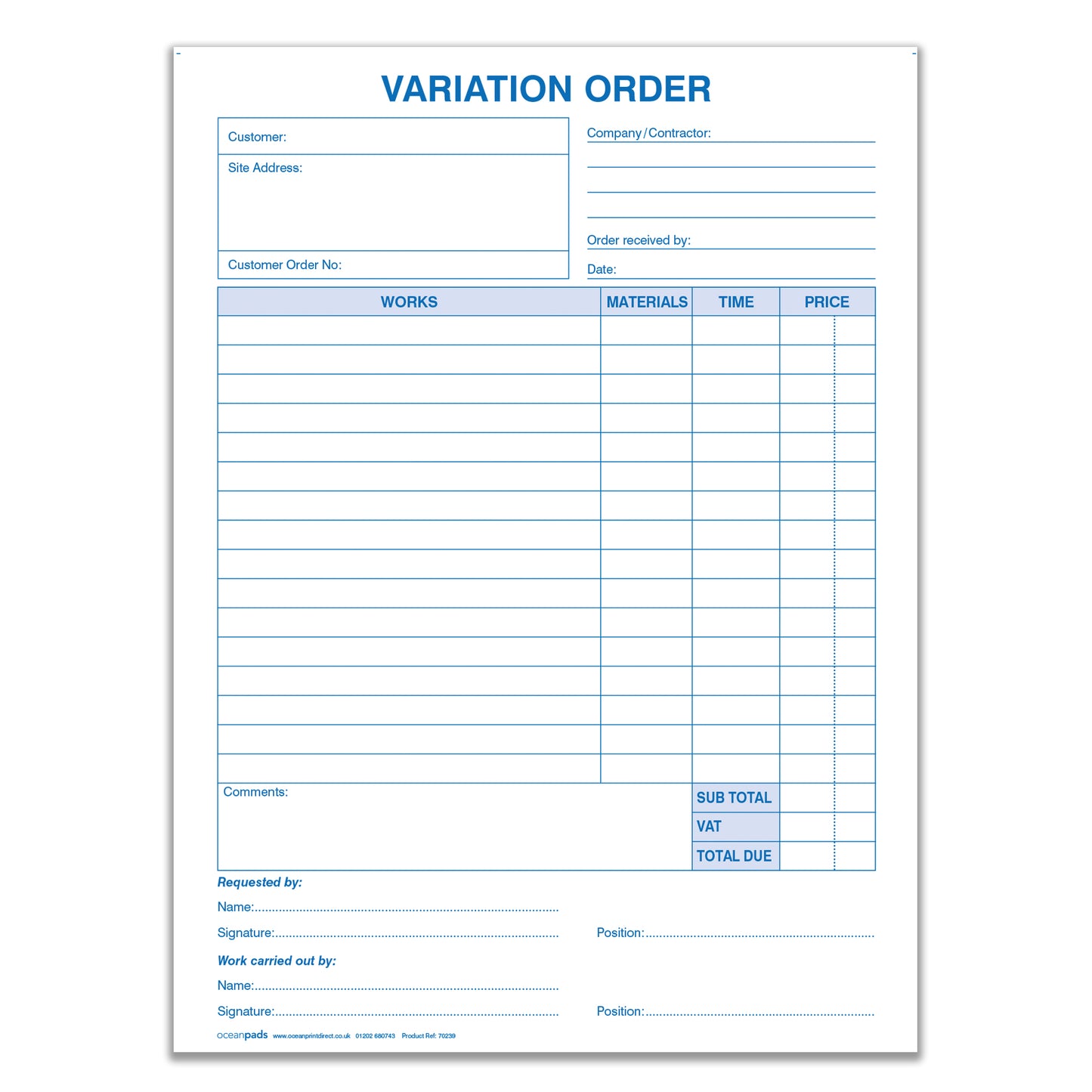 Site Variation of Order Book for Builders, Plumbers, Carpenters, Electricians, Decorators and Other Trades (70239)