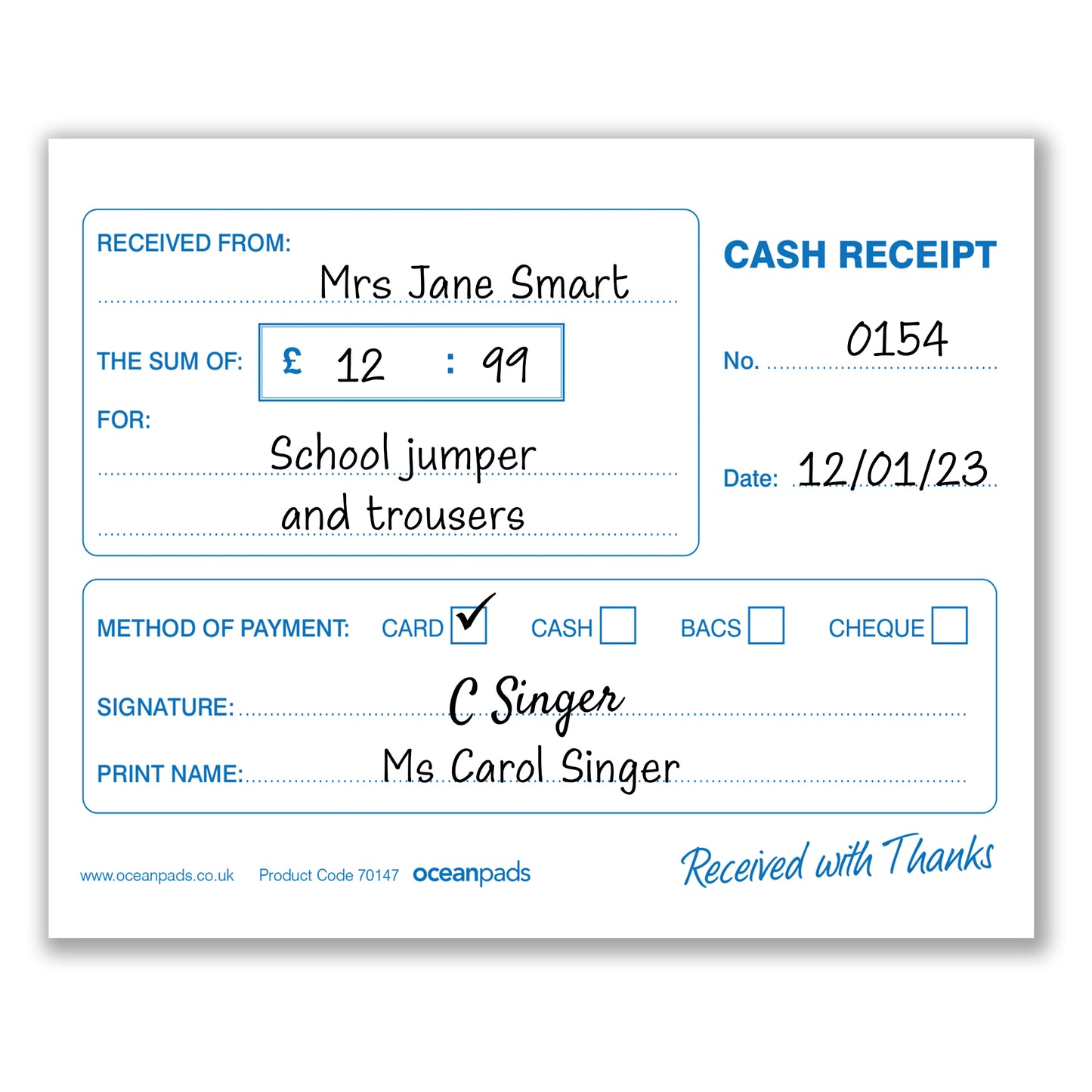 Cash Receipt Book for Small Businesses, Self Employed, Taxis, Schools, Charities (70147)