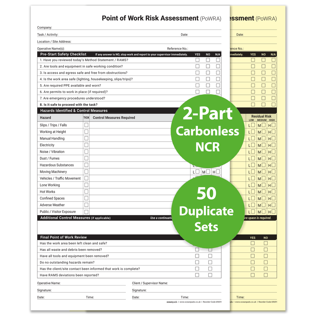 Point of Work Risk Assessment (PoWRA) Book A4 | 2-Part NCR | 50 Duplicate Sets