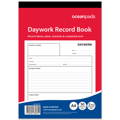 Daywork Record Book A4 | 2-Part Duplicate NCR | 50 Carbonless Sets | Ocean Pads (69714)