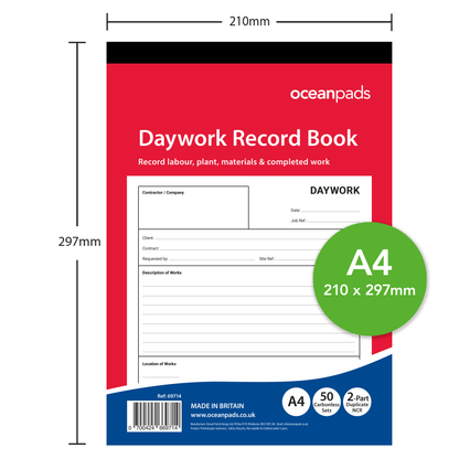 Daywork Record Book A4 | 2-Part Duplicate NCR | 50 Carbonless Sets | Ocean Pads (69714)