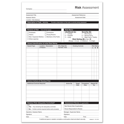 Risk Assessment Book A4 | 50 Duplicate NCR Sets | Carbonless