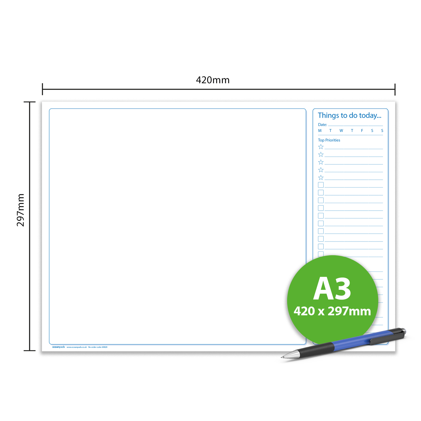 A3 Desk Pad with Things To Do Today List - 50 Sheets - 90gsm Premium Paper, Glued with Tough Cardboard Back