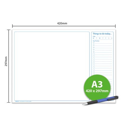 A3 Desk Pad with Things To Do Today List - 50 Sheets - 90gsm Premium Paper, Glued with Tough Cardboard Back