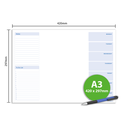 Days of the Week Desk Pad A3 – Weekly Planner with To Do List & Notes – 50 Sheets – 90gsm Premium Paper