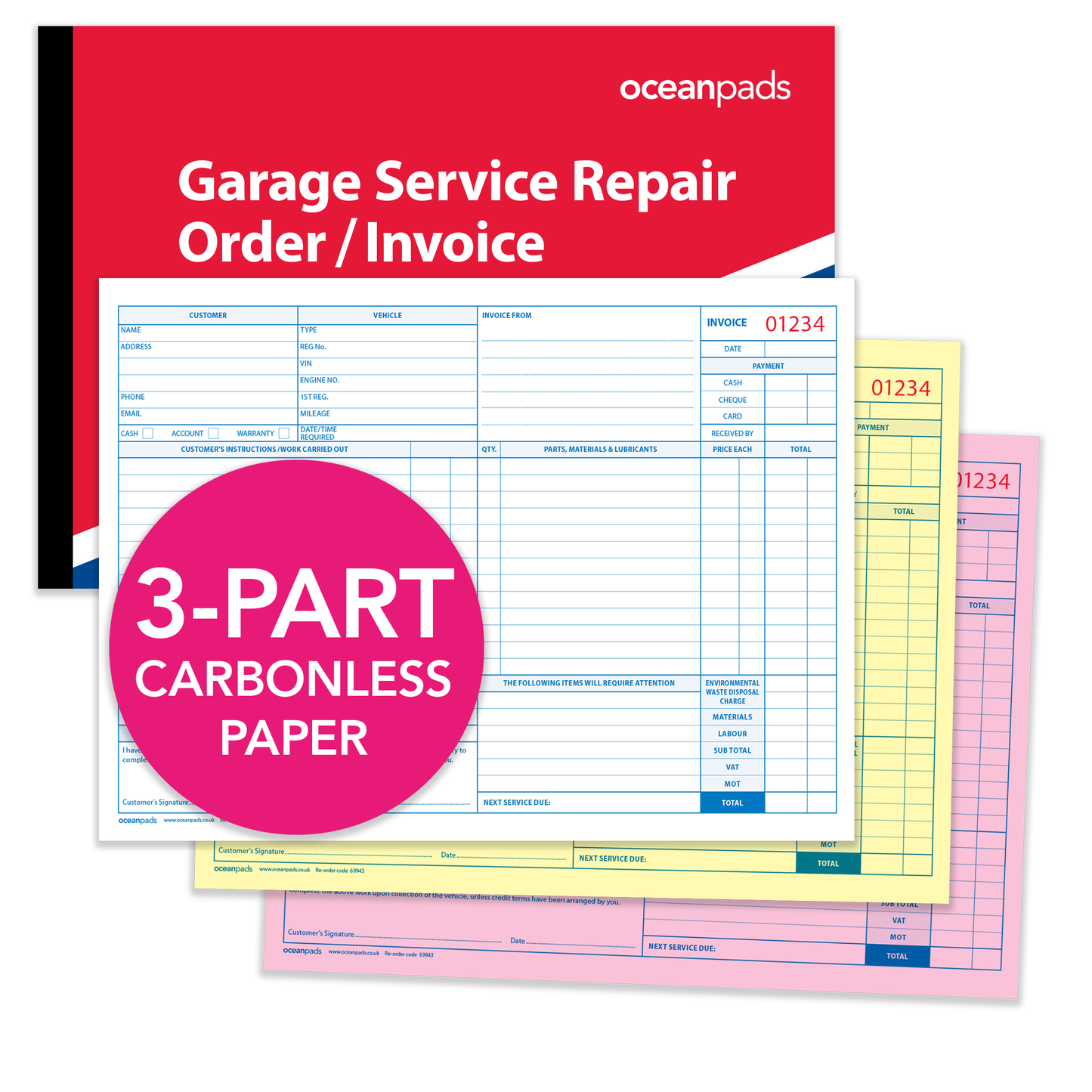 Garage Service Repair Order Invoice Book, A4 210 x 297mm, Triplicate, 50 Sets (69943)
