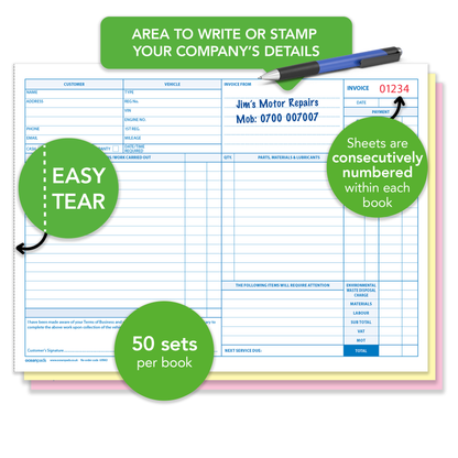 Garage Service Repair Order Invoice Book, A4 210 x 297mm, Triplicate, 50 Sets (69943)