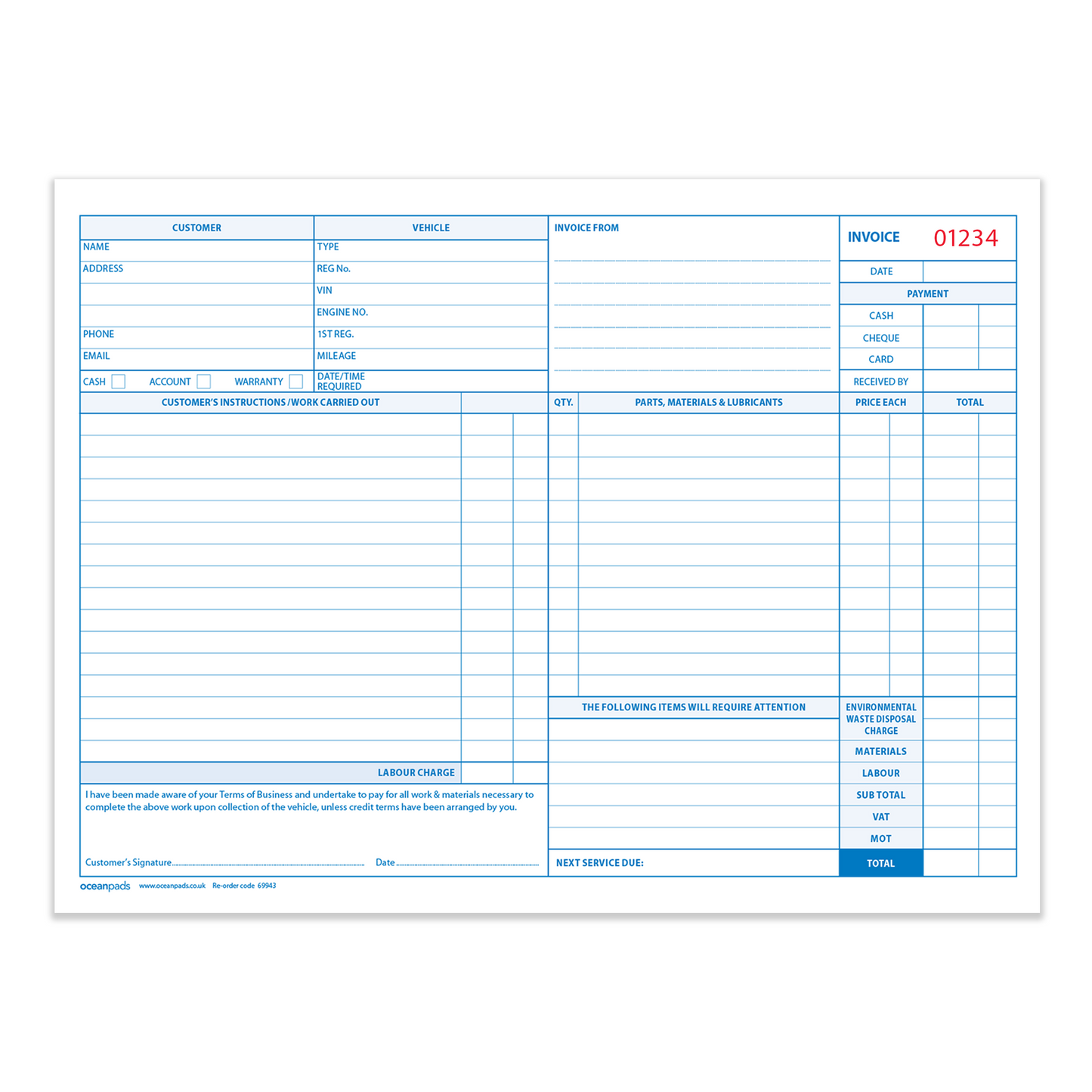 Garage Service Repair Order Invoice Book, A4 210 x 297mm, Triplicate, 50 Sets (69943)