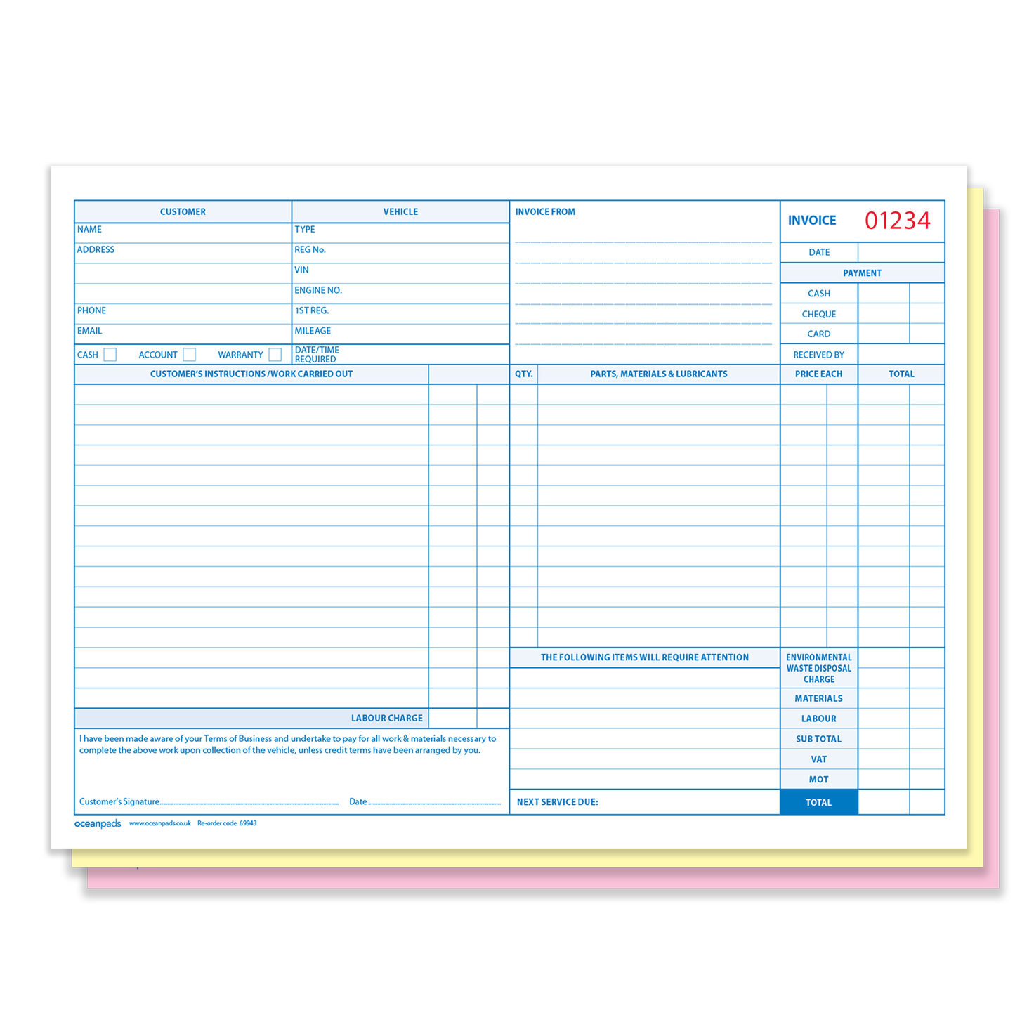 Garage Service Repair Order Invoice Book, A4 210 x 297mm, Triplicate, 50 Sets (69943)
