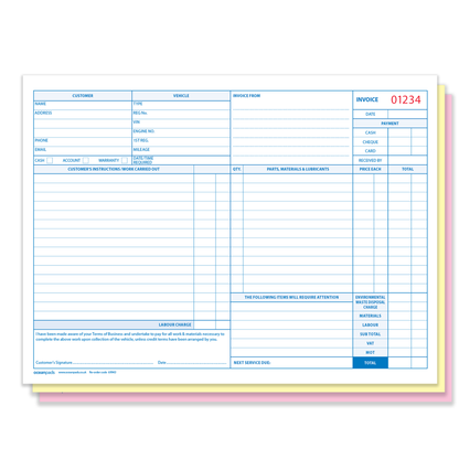 Garage Service Repair Order Invoice Book, A4 210 x 297mm, Triplicate, 50 Sets (69943)