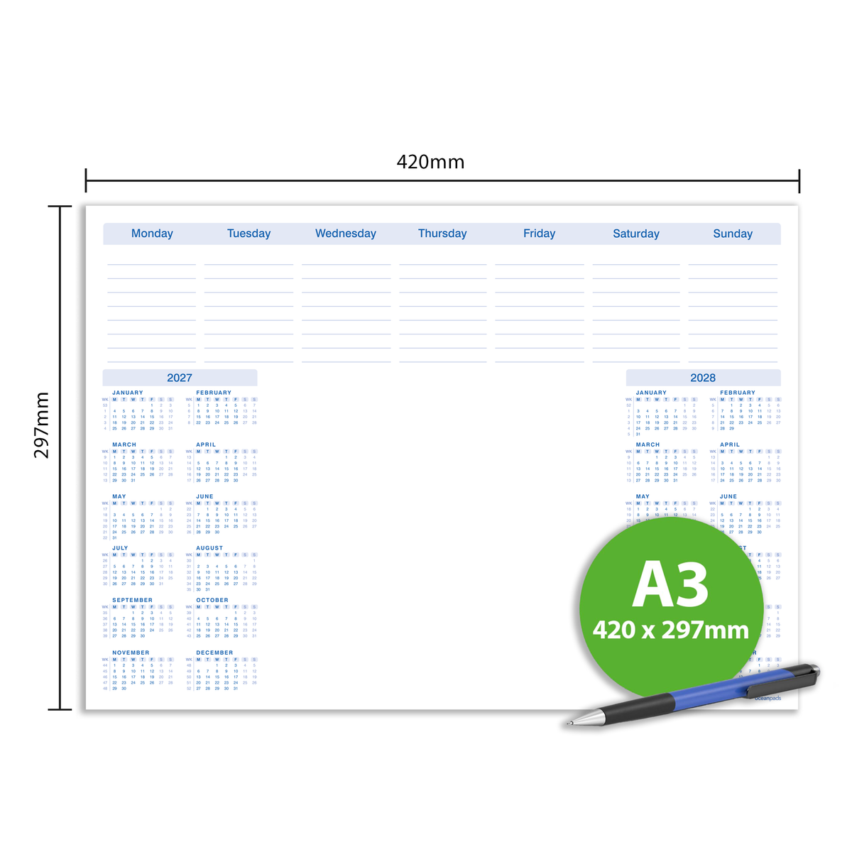 2 Year Calendar Desk Pad A3 – 2027–2028 Weekly Planner with To Do List & Notes – 50 Sheets – 90gsm Premium Paper