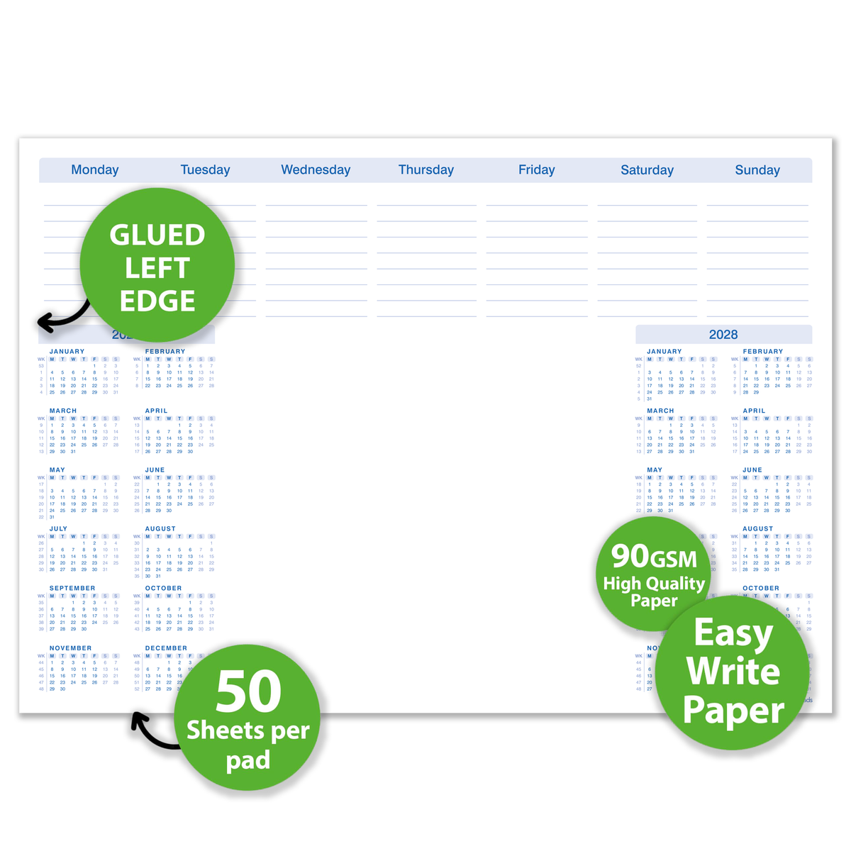 2 Year Calendar Desk Pad A3 – 2027–2028 Weekly Planner with To Do List & Notes – 50 Sheets – 90gsm Premium Paper