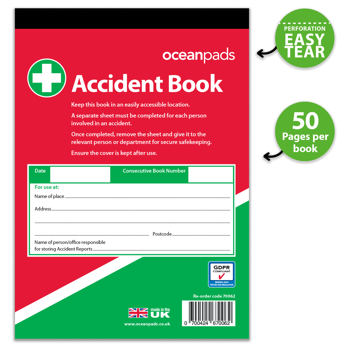 Accident Report Book GDPR Compliant for Small Businesses, Schools, Charities x 50 Pages (70062)