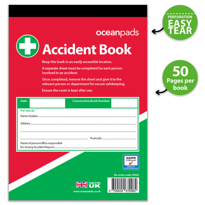 Accident Report Book GDPR Compliant for Small Businesses, Schools, Charities x 50 Pages (70062)