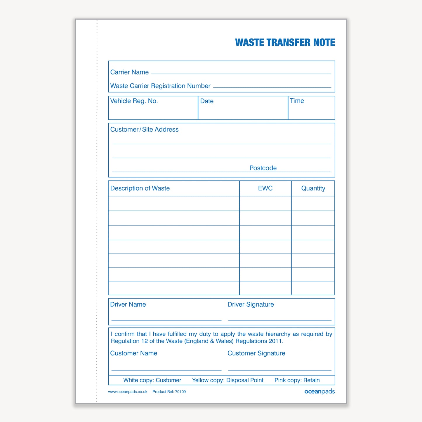 Ocean Pads Waste Transfer Note, A5, Triplicate (70109)