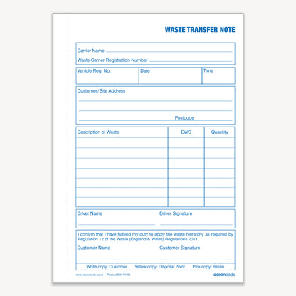 Ocean Pads Waste Transfer Note, A5, Triplicate (70109)