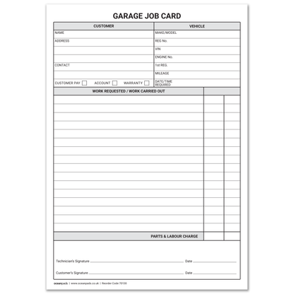 Garage Job Cards A5 – 250 Workshop Service & Repair Record Cards – Ocean Pads (70130)