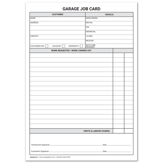Garage Job Cards A5 – 250 Workshop Service & Repair Record Cards – Ocean Pads (70130)
