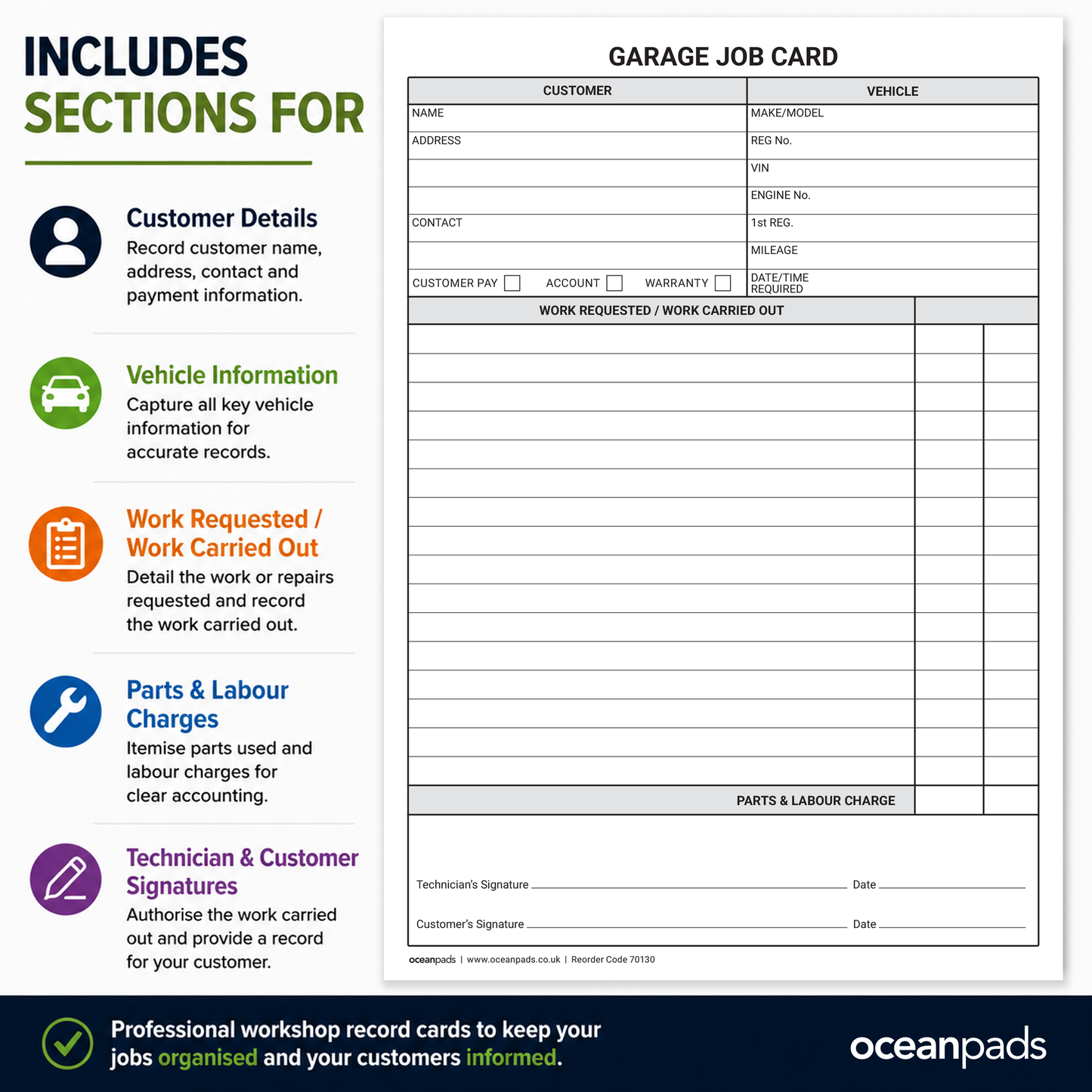 Garage Job Cards A5 – 250 Workshop Service & Repair Record Cards – Ocean Pads (70130)