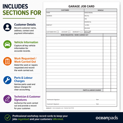 Garage Job Cards A5 – 250 Workshop Service & Repair Record Cards – Ocean Pads (70130)