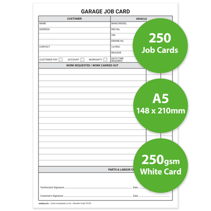 Garage Job Cards A5 – 250 Workshop Service & Repair Record Cards – Ocean Pads (70130)