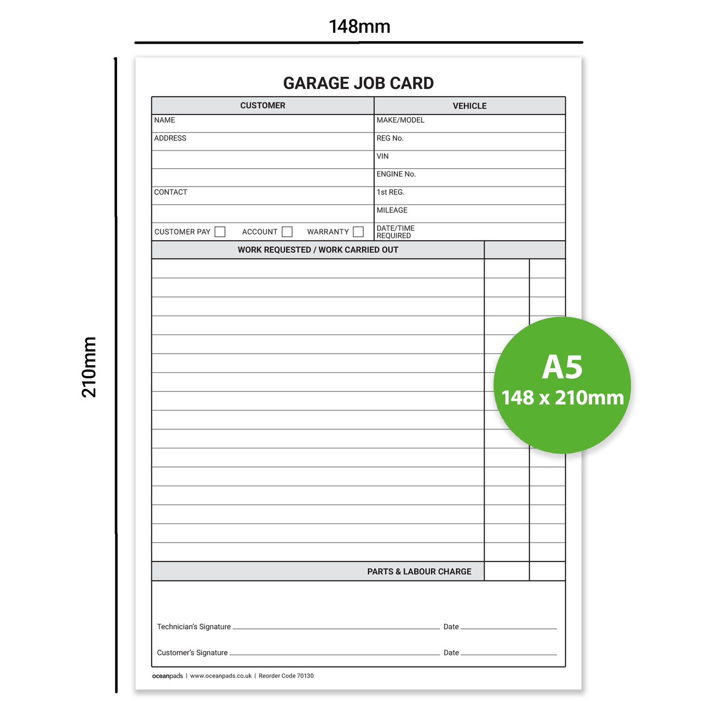 Garage Job Cards A5 – 250 Workshop Service & Repair Record Cards – Ocean Pads (70130)
