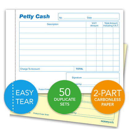 Petty Cash Book for Small Business, School, Charity, Self Employed, A6 50 NCR Duplicate Sets (70161)