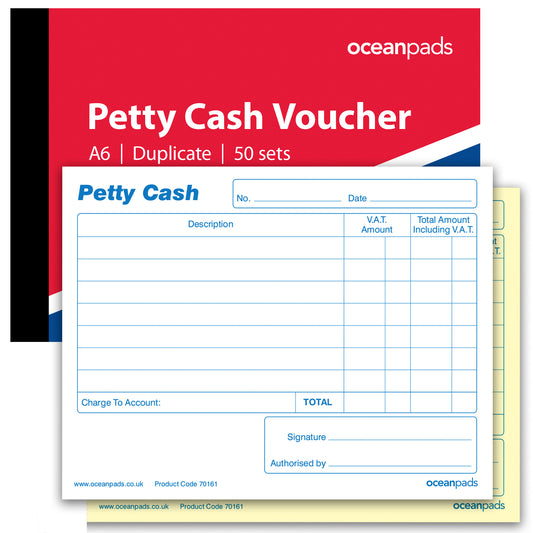 Petty Cash Book for Small Business, School, Charity, Self Employed, A6 50 NCR Duplicate Sets (70161)