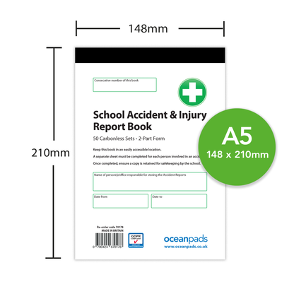 School Pupil Accident/Incident Record Book - A5, 2-Part NCR Duplicate | Accident Report Log for Schools & Childcare