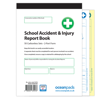 School Pupil Accident/Incident Record Book - A5, 2-Part NCR Duplicate | Accident Report Log for Schools & Childcare
