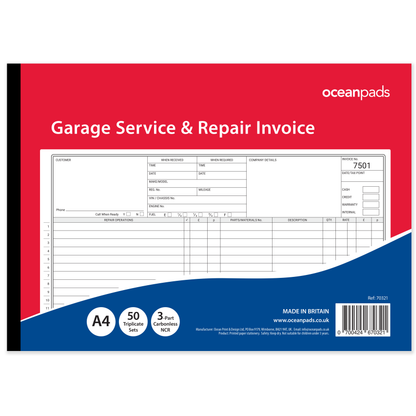 Garage Service & Repair Invoice Book A4 | 3-Part NCR Triplicate | 50 Sets | Workshop Job Card for Garages & Mechanics – Ocean Pads (70321)