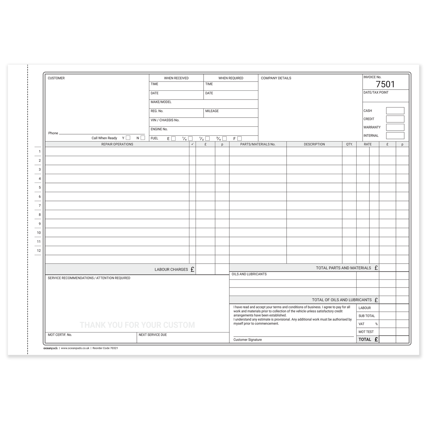 Garage Service & Repair Invoice Book A4 | 3-Part NCR Triplicate | 50 Sets | Workshop Job Card for Garages & Mechanics – Ocean Pads (70321)