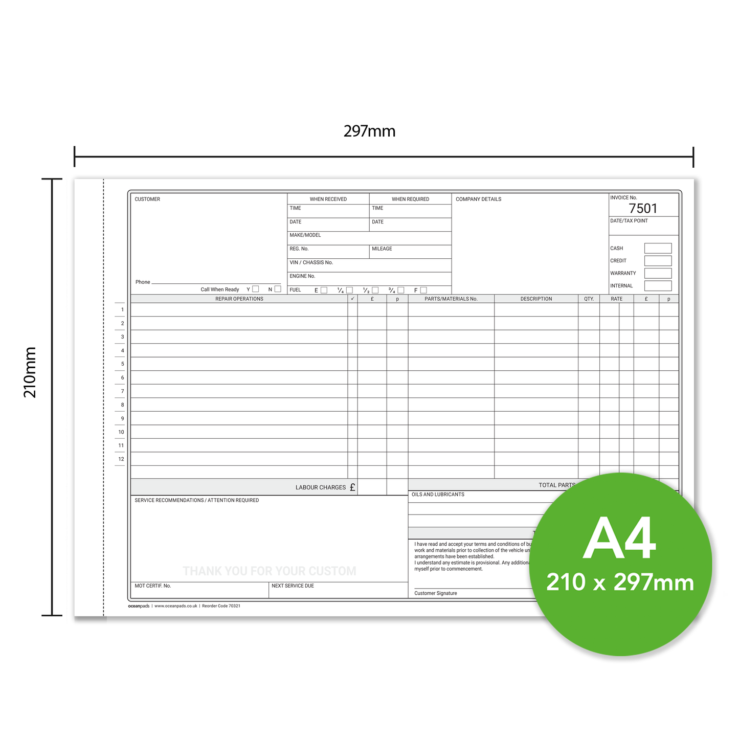 Garage Service & Repair Invoice Book A4 | 3-Part NCR Triplicate | 50 Sets | Workshop Job Card for Garages & Mechanics – Ocean Pads (70321)