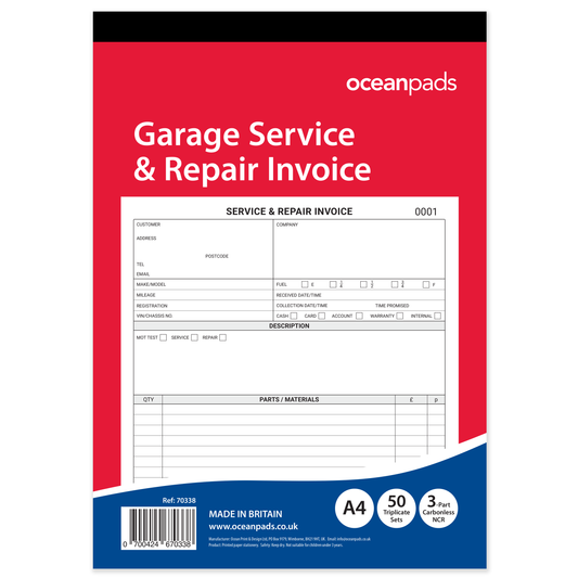 Garage Service & Repair Invoice Book A4 | 3-Part NCR Triplicate | 50 Sets | Ocean Pads