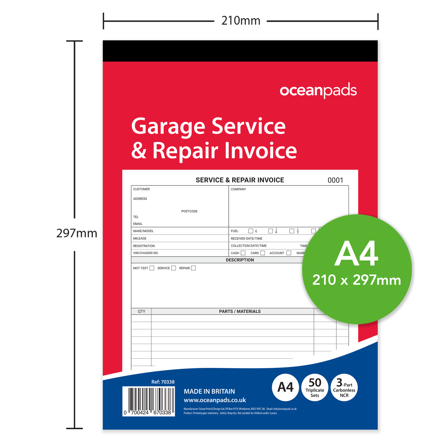 Garage Service & Repair Invoice Book A4 | 3-Part NCR Triplicate | 50 Sets | Ocean Pads