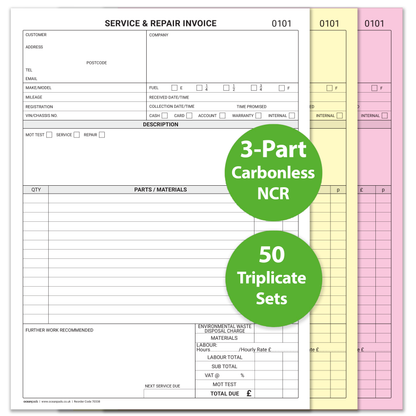 Garage Service & Repair Invoice Book A4 | 3-Part NCR Triplicate | 50 Sets | Ocean Pads