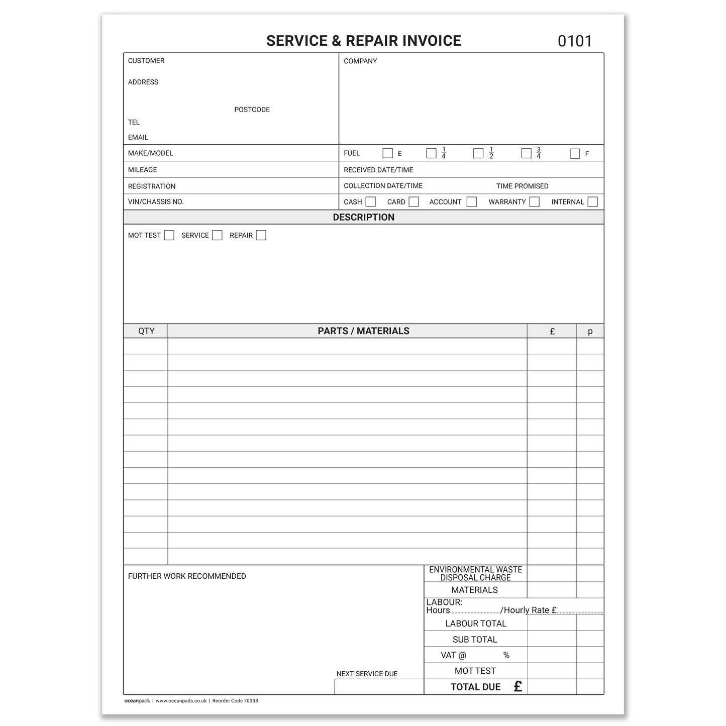 Garage Service & Repair Invoice Book A4 | 3-Part NCR Triplicate | 50 Sets | Ocean Pads