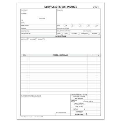 Garage Service & Repair Invoice Book A4 | 3-Part NCR Triplicate | 50 Sets | Ocean Pads
