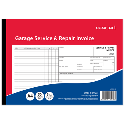 Garage Service & Repair Invoice Book A4 | 3-Part NCR Triplicate | 50 Sets | Ocean Pads (70345)
