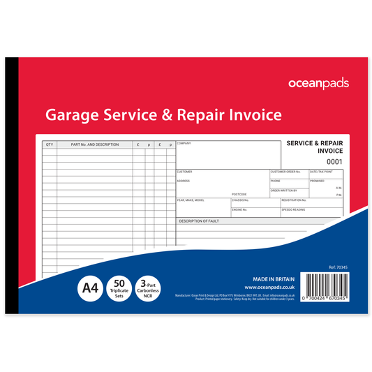 Garage Service & Repair Invoice Book A4 | 3-Part NCR Triplicate | 50 Sets | Ocean Pads (70345)