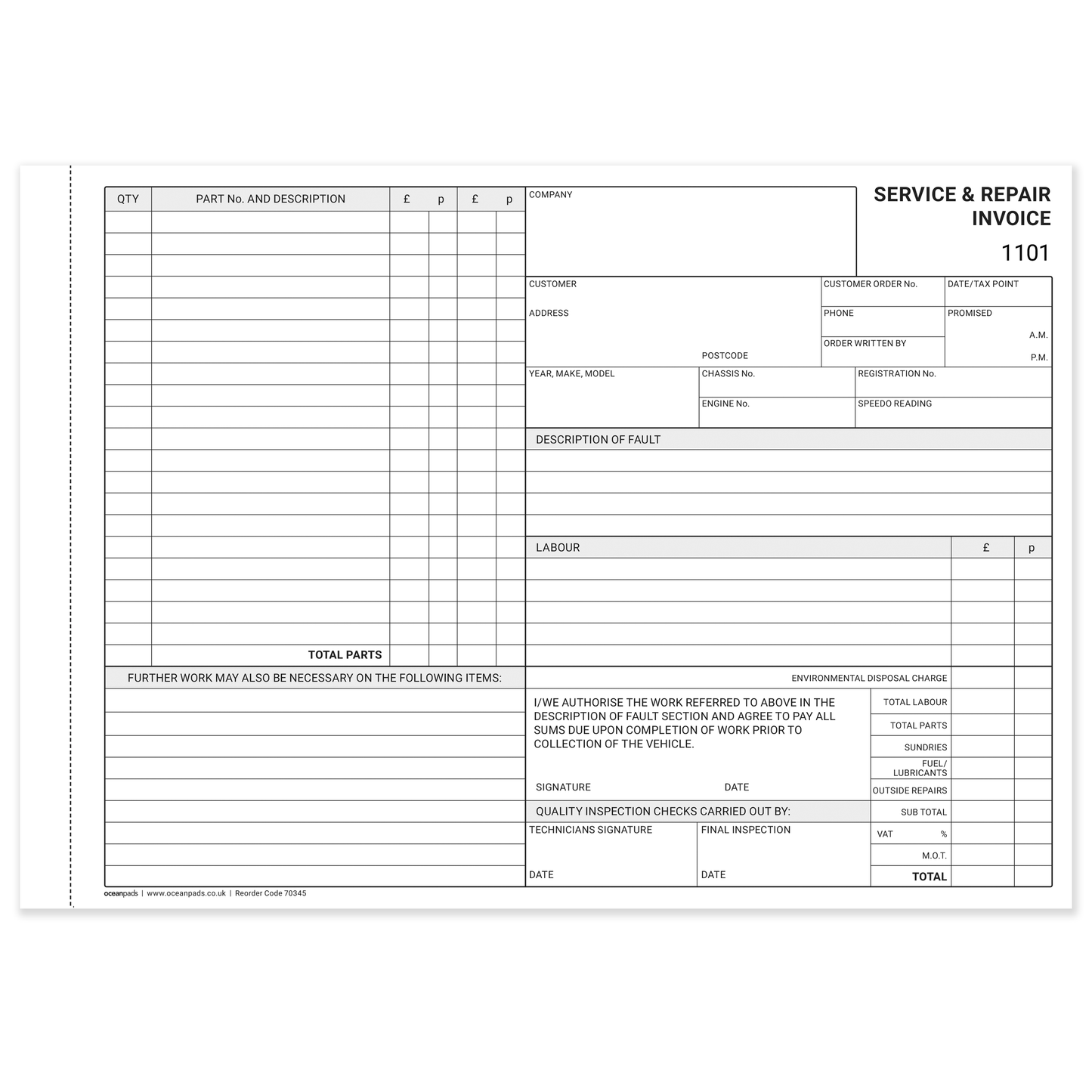 Garage Service & Repair Invoice Book A4 | 3-Part NCR Triplicate | 50 Sets | Ocean Pads (70345)