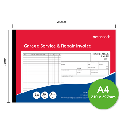 Garage Service & Repair Invoice Book A4 | 3-Part NCR Triplicate | 50 Sets | Ocean Pads (70345)