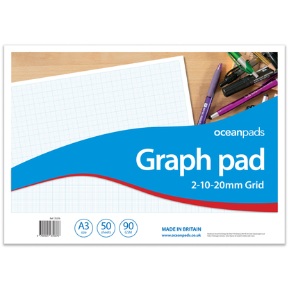A3 Graph Pad 2-10-20mm Grid – 50 Sheets 90gsm Graph Paper for Technical Drawing, Plotting Graphs, Engineering & Drafting – Ocean Pads (70376)